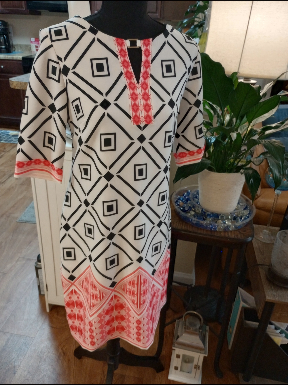 Geometric Black & White Shift Dress with Coral Trim